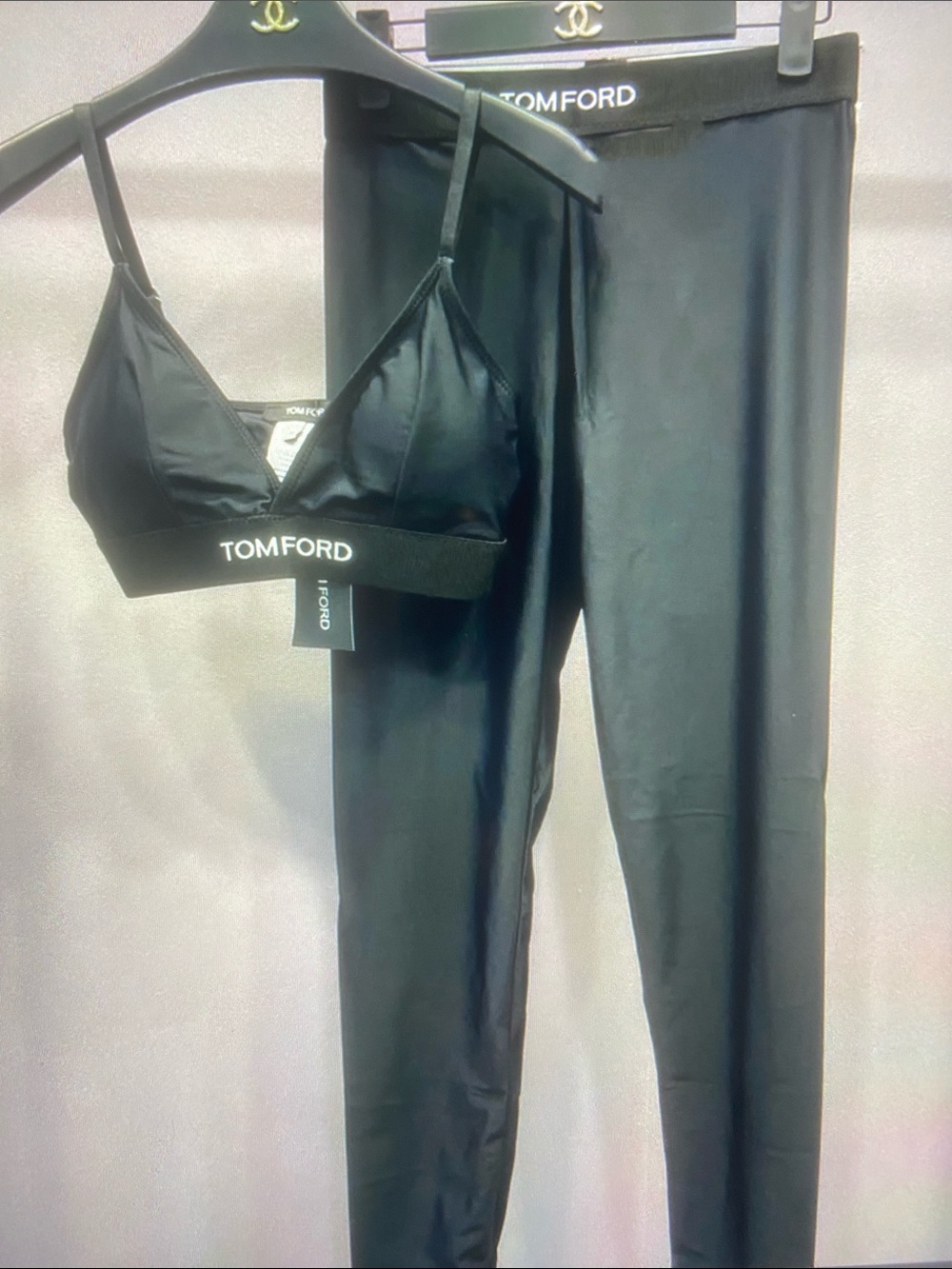 Tom Ford Black Satin Bralette and Leggings Set